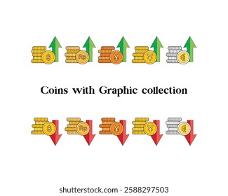 Bundle of coins stack with up and down arrows. Collection of currency like dollar, rupiah, yen, yuan, euro in coins stack with up and down arrows on white background. Colorful vector in flat style