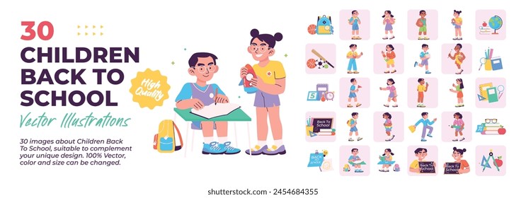 Paket Kollektion der Kinderaktivität in der Schule, Ausrüstung, Schulbedarf, Kinder zurück zur Schule Konzept Illustrationen. Set von Illustrationen der Schüler- und Schulaktivitäten. Vektorgrafik flache Abbildung.