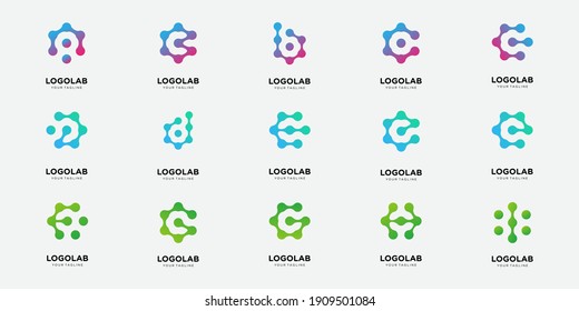 bundle collection letter ABC with dot and molecule concept logo template.