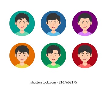 Colección de avatares de personas. Retrato de usuario. Diferentes íconos de la cara humana. Carácter masculino. Carácter masculino sonriente. Ilustración de estilo de dibujos animados planos