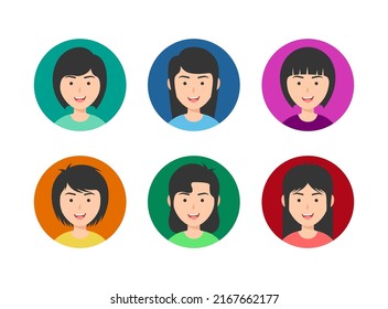 Colección de avatares de personas. Retrato de usuario. Diferentes íconos de la cara humana. Carácter femenino. Carácter femenino sonriente. Ilustración de estilo de dibujos animados planos