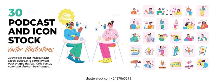 Bundle Collection of podcast, stock icon, interview, recording, podcast interaction concept illustrations. Set of illustration people recording and listening audio podcast. Vector flat illustration.