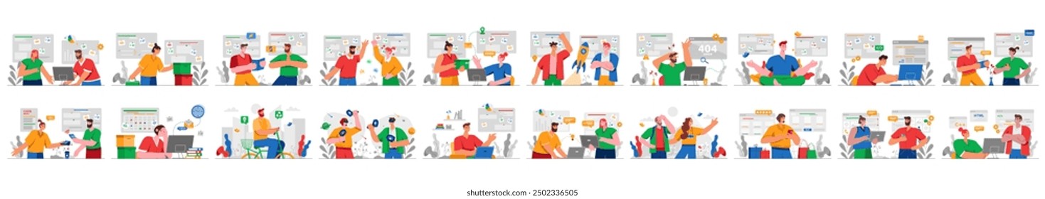 Paquete de conceptos de color con escena de personas en diseño plano de dibujos animados. Los temas de las ilustraciones que se presentan en esta colección abarcan diversos aspectos de la vida cotidiana. Ilustración vectorial.