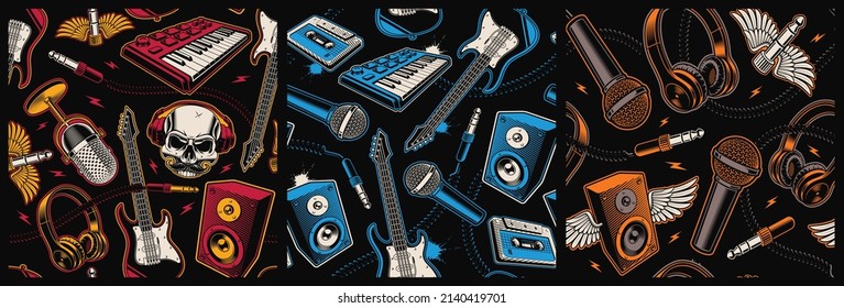 Bundle of color music seamless backgrounds with different cartoon musical instruments