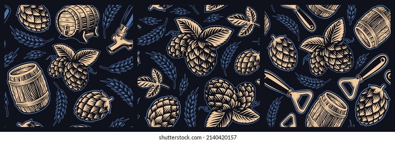 Bundle of color vector beer seamless backgrounds