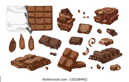 Bundle of colored drawings of whole and broken into pieces chocolate bars and cocoa beans. Tasty sweet dessert or confection hand drawn on white background. Vector illustration in vintage style