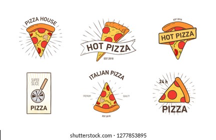 Bundle of colored logotypes with appetizing pizza slices, wheel cutter and rays hand drawn in retro style. Vector illustration for logo of Italian restaurant, pizzeria, food delivery service.