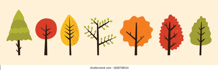 Bundle of colorful autumn trees with green, red, yellow and orange leaves. garden tree, autumnal garden fall season vector illustration