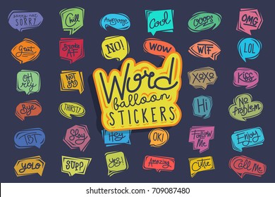 Bundle colorful balloon text word sticker, speech bubbles, colorful