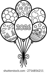 A bundle of colorful balloons with 2026 printed on the center one, tied together with a ribbon, floating in the air
