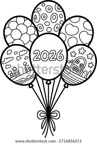 A bundle of colorful balloons with 2026 printed on the center one, tied together with a ribbon, floating in the air