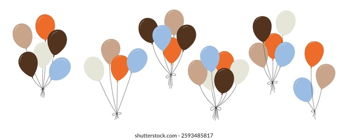 Bundle of colorful balloons with strings, floating party decoration in simple doodle style, birthday celebration icon. Flat vector illustration isolated on white background.