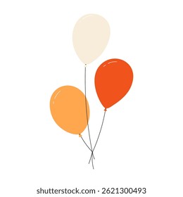 Bundle of colorful balloons with strings, floating party decoration in simple doodle style, birthday celebration icon. Flat vector illustration isolated on white background.