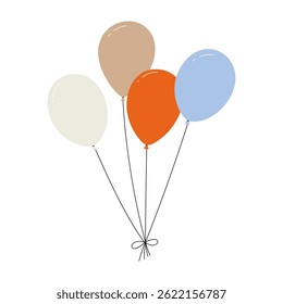 Bundle of colorful balloons with strings, floating party decoration in simple doodle style, birthday celebration icon. Flat vector illustration isolated on white background.