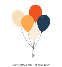 Bundle of colorful balloons with strings, floating party decoration in simple doodle style, birthday celebration icon. Flat vector illustration isolated on white background.