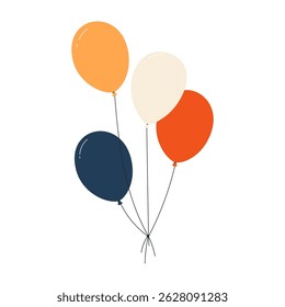 Bundle of colorful balloons with strings, floating party decoration in simple doodle style, birthday celebration icon. Flat vector illustration isolated on white background.