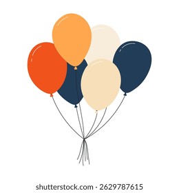 Bundle of colorful balloons with strings, floating party decoration in simple doodle style, birthday celebration icon. Flat vector illustration isolated on white background.