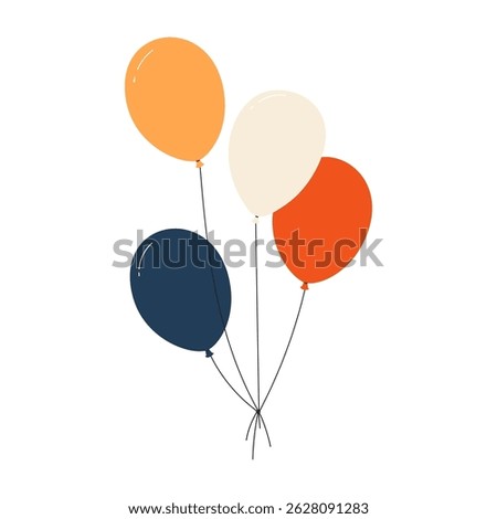 Bundle of colorful balloons with strings, floating party decoration in simple doodle style, birthday celebration icon. Flat vector illustration isolated on white background.