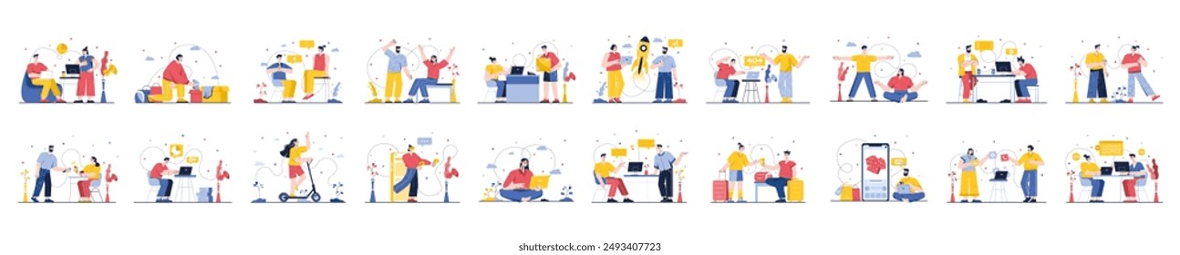 Bundle of colorful concepts with people scene in flat cartoon design. A large selection of colorful images showing men and women in various life situations. Vector illustration.