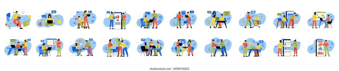 Bundle of colorful concepts with people scene in flat cartoon design. An extensive collection of vibrant illustrations of men and women on a blue background. Vector illustration.