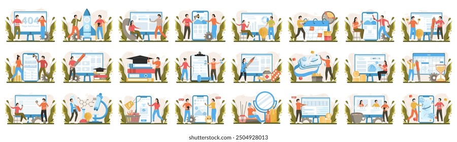 Bundle of colorful concepts with people scene in flat cartoon design. A massive collection of incredible illustrations of men and women with big items in various situations. Vector illustration.