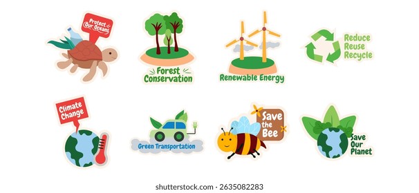 Bundle of colorful conservation-themed stickers promoting eco-friendly messages and nature protection.