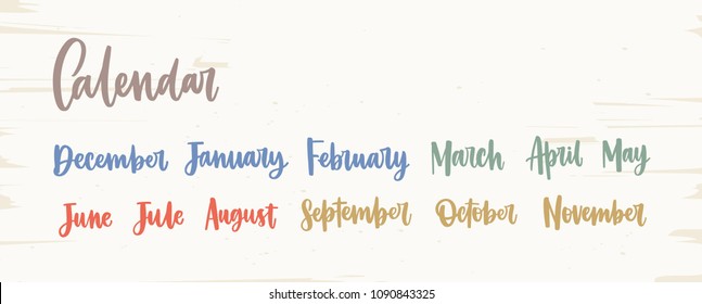 Bundle of colorful English names of months written with elegant calligraphic cursive font isolated on white background. Lettering, handwritten words, design elements. Vector illustration for calendar