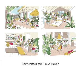 Bundle of colorful free sketches of house or apartment furnished in Scandinavian style. Set of rooms full of stylish furniture. Trendy home interior design. Hand drawn vector illustration. 