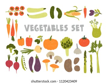 Bundle of colorful hand drawn ripe tasty vegetables isolated on white background. Set of healthy and delicious veggie products, wholesome vegetarian food. Flat cartoon vector illustration.