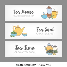 Bundle of colorful horizontal banners with hand drawn french press, cups, mugs, teapot and different types of organic tea on white background. Vector illustration for shop or teahouse advertisement.