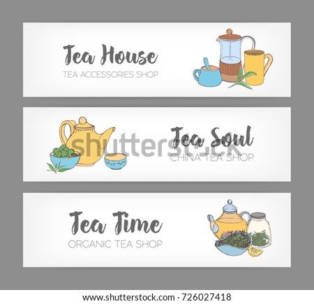 Bundle of colorful horizontal banners with hand drawn french press, cups, mugs, teapot and different types of organic tea on white background. Vector illustration for shop or teahouse advertisement.