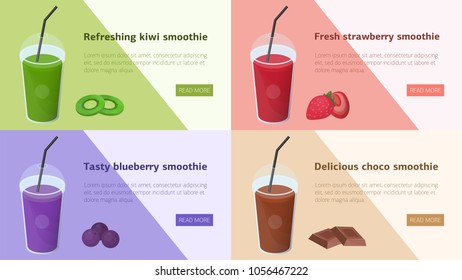 Bundle of colorful horizontal web banners with smoothies made of tropical fruits, berries and chocolate. Tasty drinks in plastic glasses with lid and straw, healthy cocktails. Vector illustration.