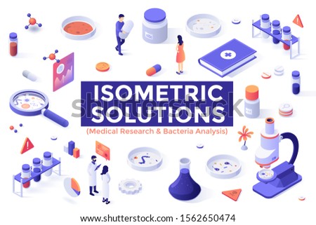 Bundle of colorful isometric design elements isolated on white background - antibiotic research, bacteria analysis, bacteriology laboratory equipment, medical tools. Modern vector illustration.