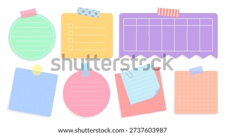 Bundle of colorful paper note with sticky tape template for message. Memo pad for reminder. Cute designed notes for diary, diary journal, list, planner and organizer. Flat vector illustration.