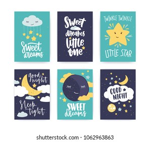 Bundle of colorful poster or flyer templates with Good Night and Sweet Dreams wishes with elegant lettering handwritten with calligraphic cursive font, clouds and stars. Flat vector illustration.