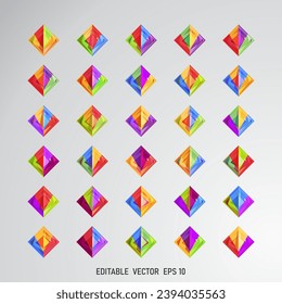 Bundle of colorful rainbow diamond crystal. 30 pieces of polygonal vector element suitable for graphic design and social media.
