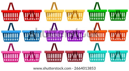 Bundle of colorful shopping carts isolated on white background. Supermarket carts vector illustration. Trolley icons in different colors. Shopping basket vector illustrations in EPS format. 