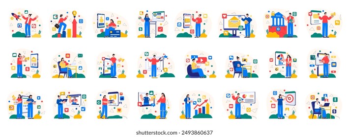 Bundle of colorful simple concepts with people scene in flat cartoon design. Each scene in this collection is filled with details and the atmosphere. Vector illustration.