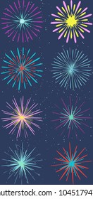 Bundle of colorful and sprakling fireworks with stars in night sky. Pack Set vector EPS 10 Illustration.