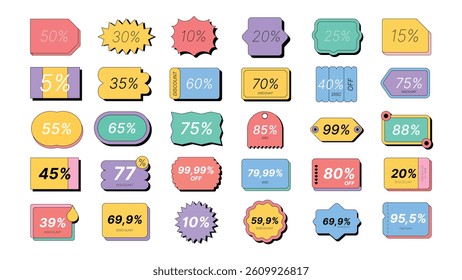 A bundle of colorful vector discount tags featuring various percentages, perfect for use in e-commerce, digital marketing, promotions, sales campaigns, and online stores.