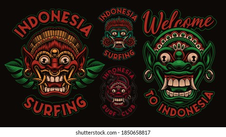 A bundle  of colorful vector illustrations with traditional Bali masks, these designs can be used as shirt prints for an Asian theme.