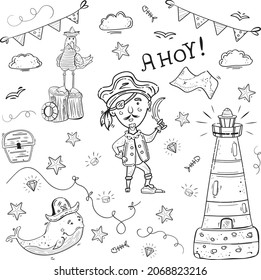 Bundle Coloring Set Pirate. Ahoy, Marine Items Sea Lighthouse, Seagull with Fish in Beak, Treasure Map, Pirate Jolly Roger with Saber, Diamond, Lifebuoy, Whale in Tricorne Hat. Printable