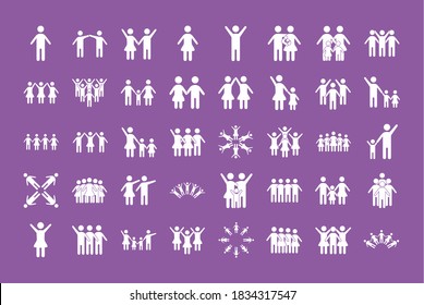 bundle of community and family figures in purple background line style icons vector illustration design