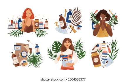 Bundle of compositions with cute young women, tropical leaves and natural organic cosmetics products in bottles, jars and tubes for skin care. Skincare routine set. Flat cartoon vector illustration.