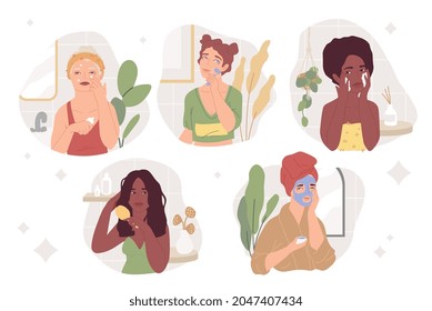 Bundle of compositions with cute young women, cosmetics products in bottles, jars and tubes for skin care. Skincare routine set. Flat cartoon vector illustration.