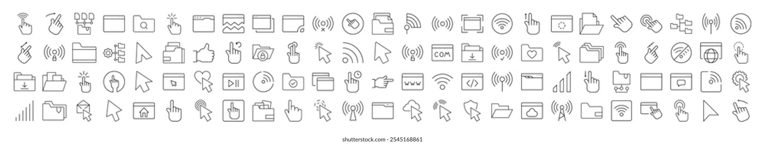 Paket von Computer-Desktop-Zeilen-Symbolen. Bearbeitbarer Strich für Design, Websites, Apps, Karten. Enthält lineare Bilder von Cursor, Wi-Fi-Wellen, Ordnern, Webseiten