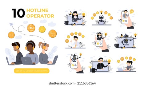 Bundle of concept customer and operator, online technical support 24-7. Set of vector illustrations with hotline operator advises client. Personal assistant, Online assistant, virtual help service.