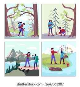 Bundle of concept vacations outdoor picnic bivouac in forest. Happy man and woman backpackers hikers travel together. Set of hiking trekking people. Flat Art Vector Illustration