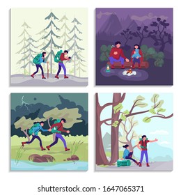 Bundle Of Concept Vacations Outdoor Picnic Bivouac In Forest. Happy Man And Woman Backpackers Hikers Travel Together. Set Of Hiking Trekking People. Flat Art Vector Illustration