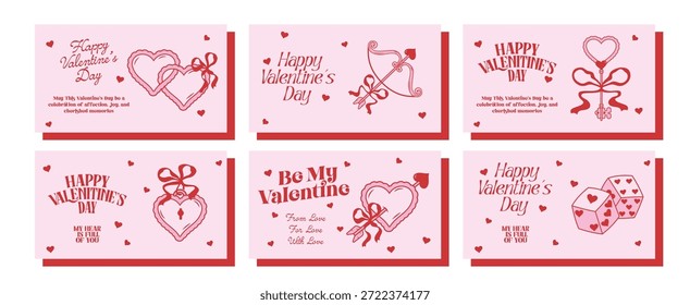 Paquete Concepto de tarjetas de San Valentín. Carteles minimalistas de Vector de moda con diseño de tipografía, corazón, cerezas, labios, piruleta para la fiesta de San Valentín, Anuncio, anuncios, marca, portada, venta, redes sociales.